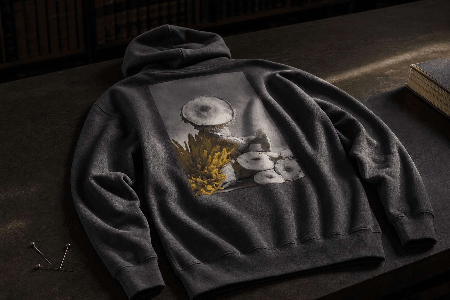 Concept study of the dark-heather archive hoodie laid across a slate specimen table