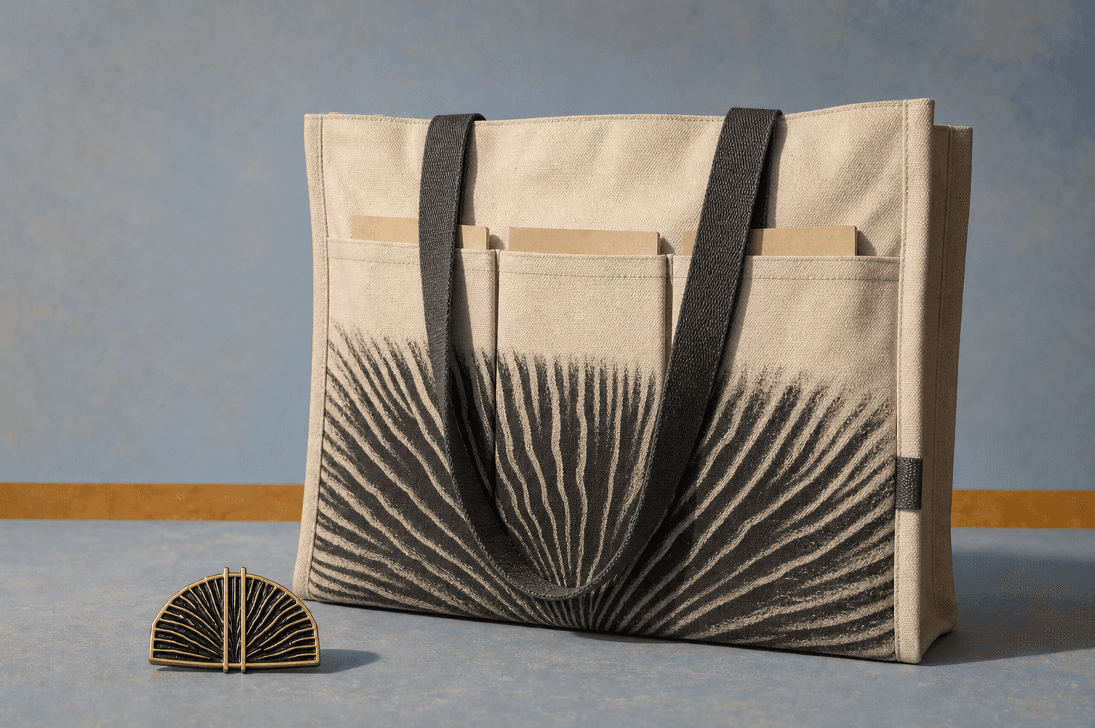 Concept study of a small aged-brass gill-fan pin beside the Field Library Carryall
