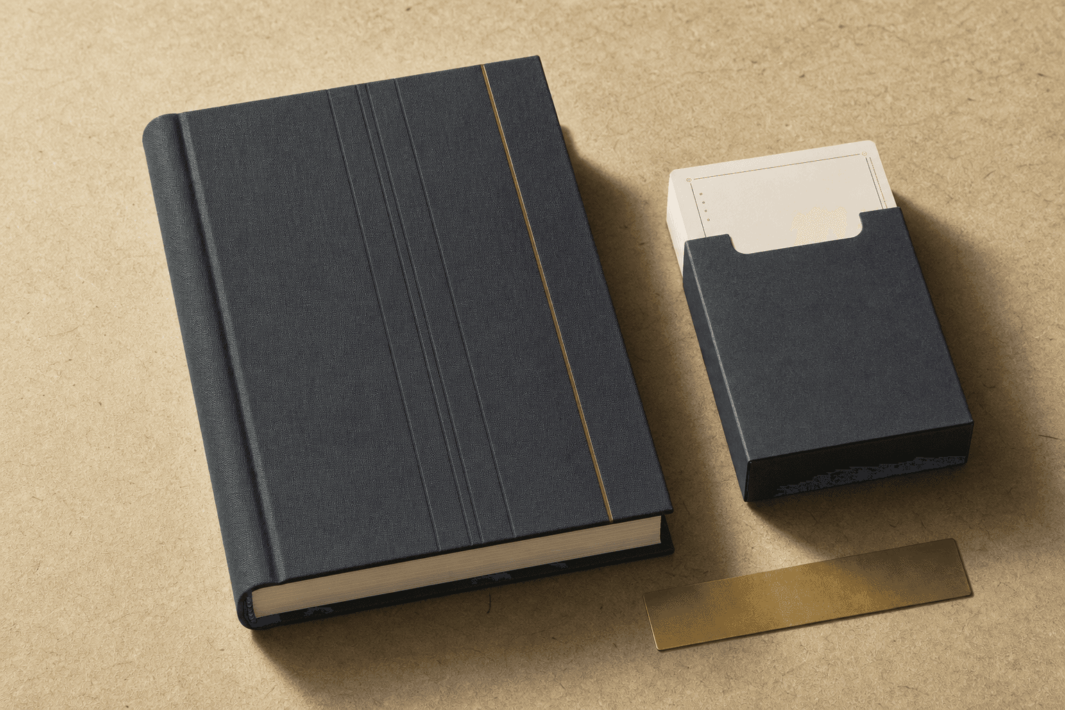 Concept study of a warm-paper field-card deck in a deep-slate slipcase beside the Reading Record