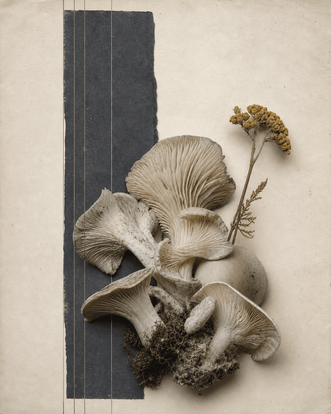 Field Study No. 01: a warm-paper composition with a ruled deep slate block and an arrangement of gilled specimens and dried yarrow
