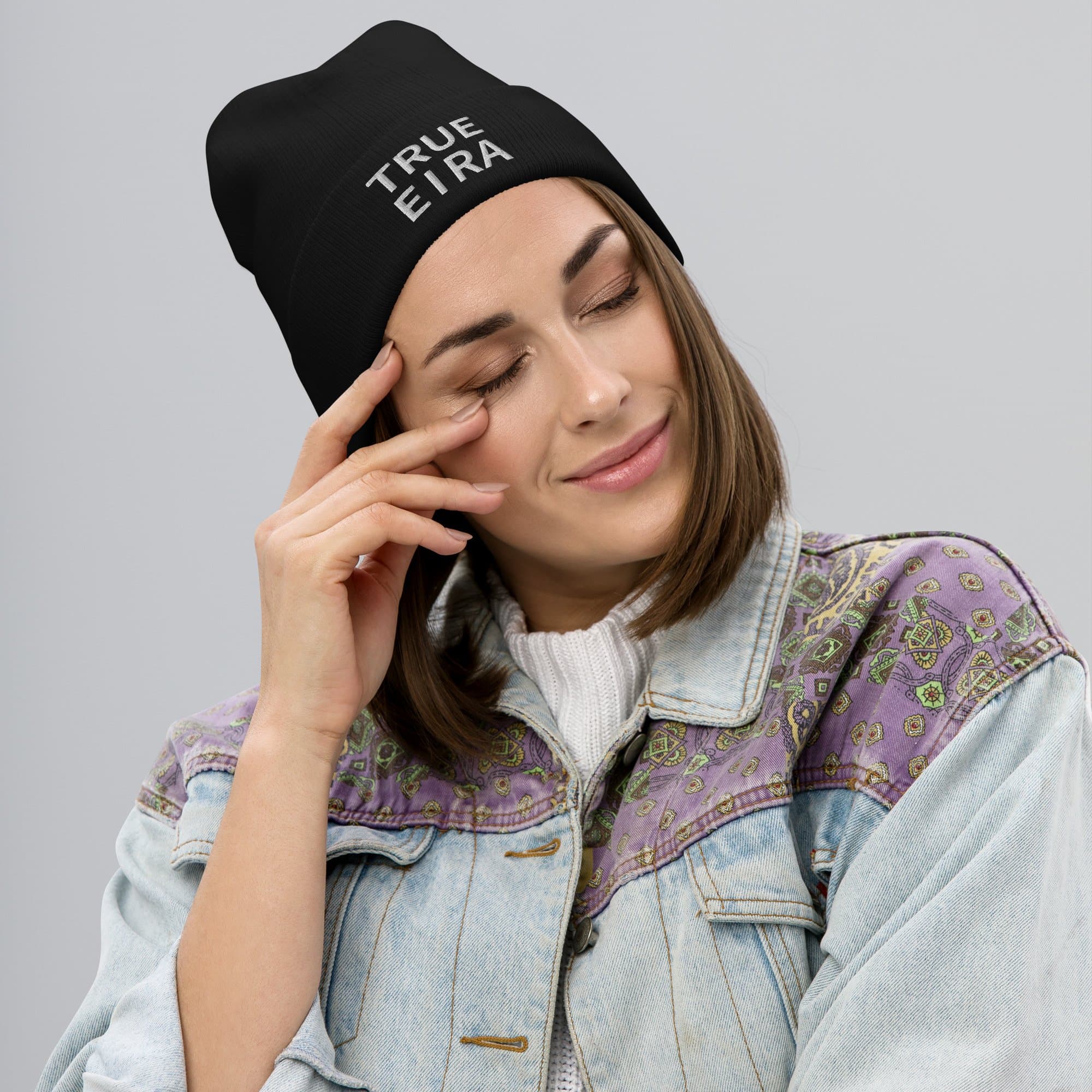 Black cuffed beanie embroidered with the True Eira emblem