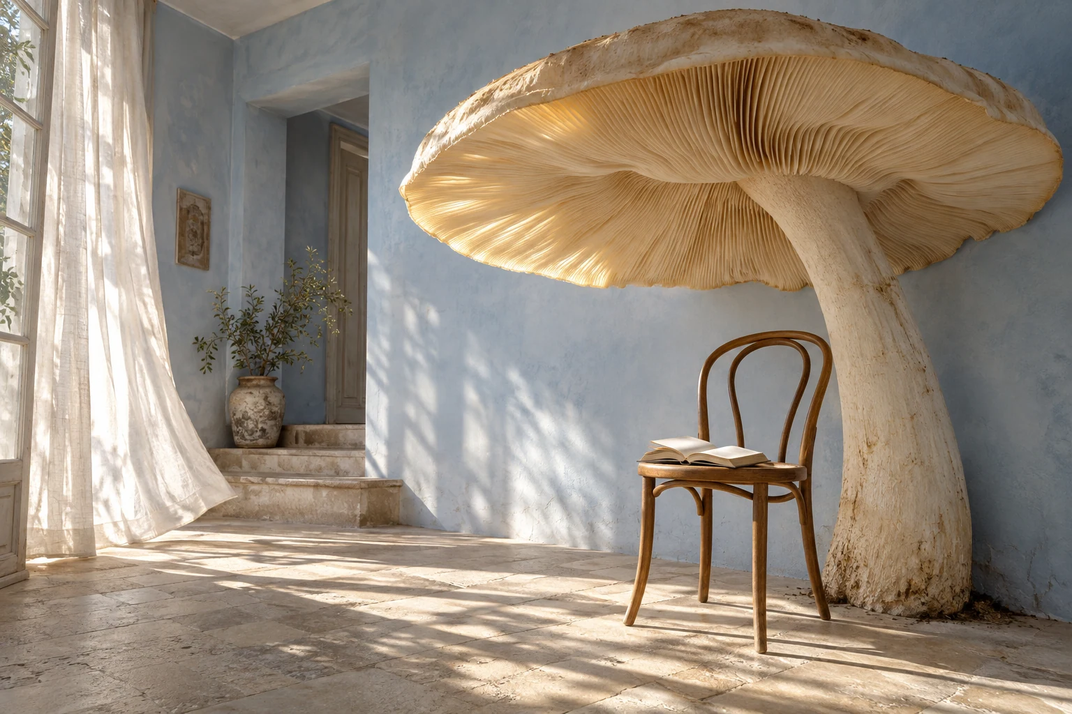A giant ivory mushroom canopy shelters an empty bentwood chair and an open book in a blue sunlit room.