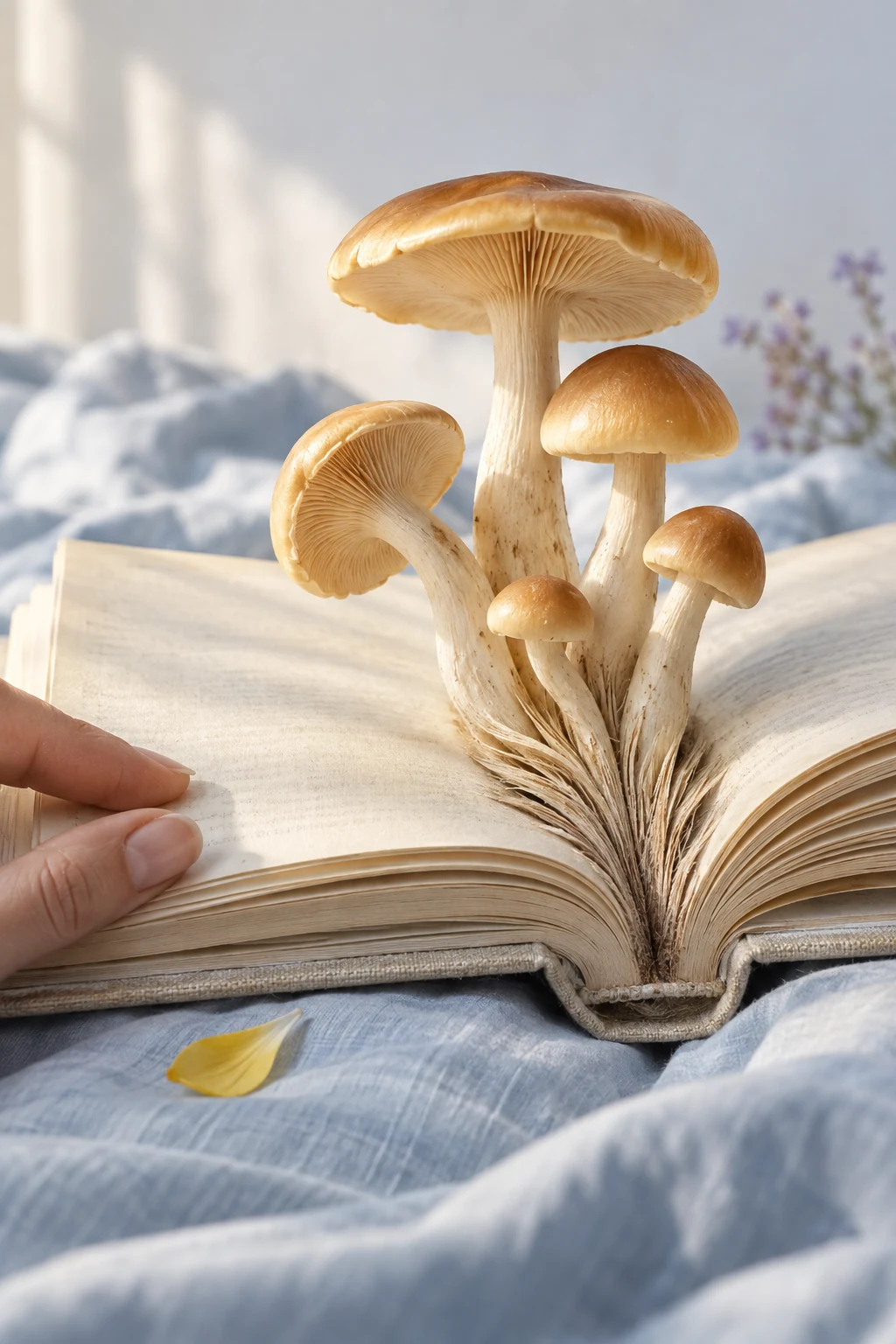 Cream and gold mushrooms rise from an open book whose pages turn into finely pleated gills.