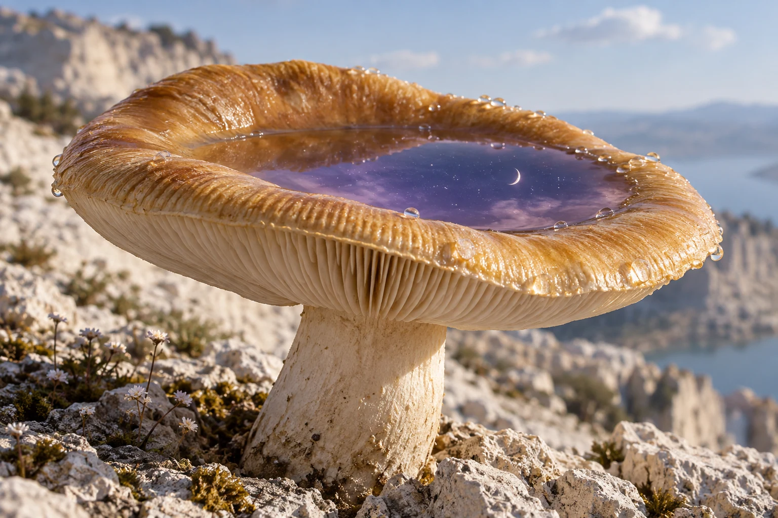 A shallow pool inside a golden mushroom cap reflects a violet starry sky above a pale daylight landscape.