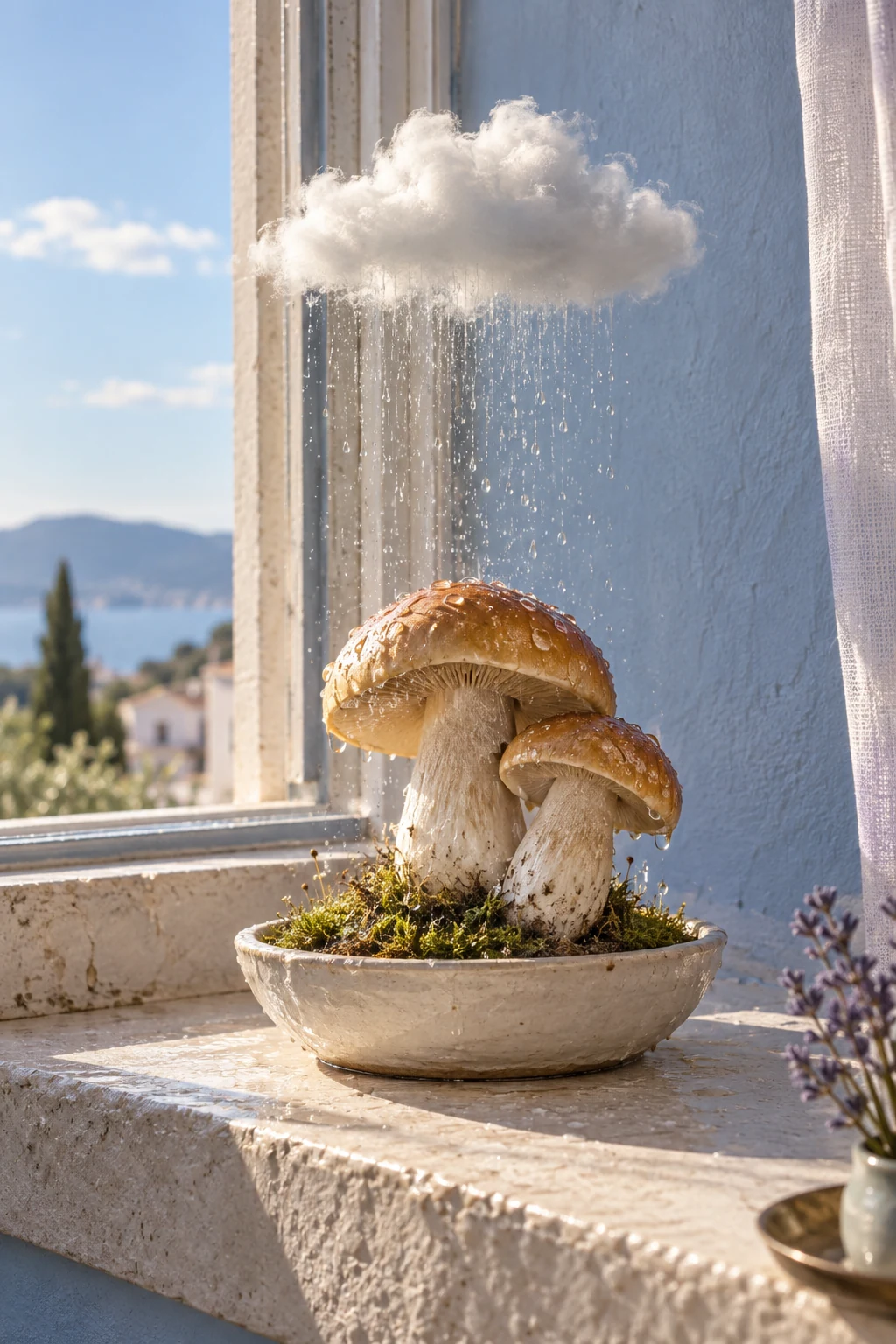 A small rain cloud showers two golden mushrooms on a sunlit pale stone windowsill.