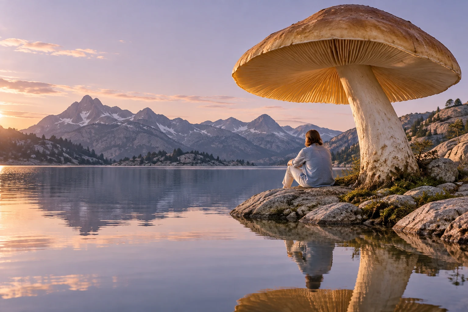 A person sits beside an alpine lake under the broad canopy of a giant golden mushroom at dusk.