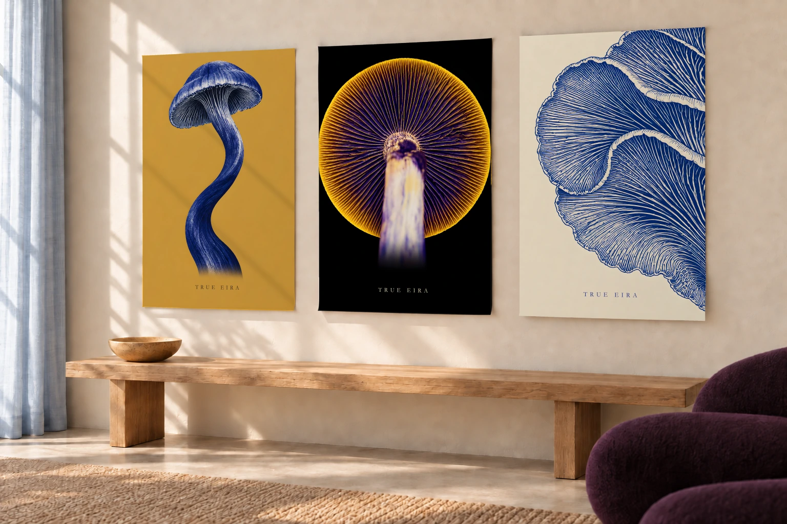 The same three 24 by 36 inch prints on the wall without frames