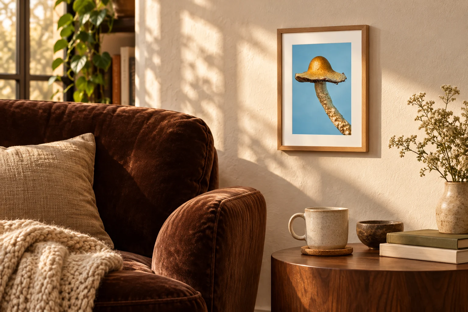 Gold Cap framed photograph above a side table beside a brown reading chair